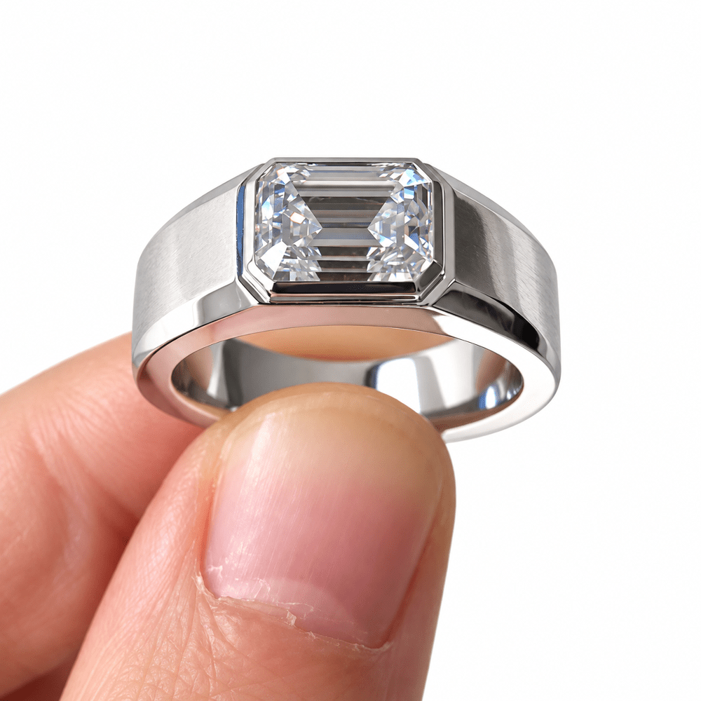 2ct East-West Emerald Cut Moissanite Bezel-Set Men's Engagement Ring - Novelle Vow