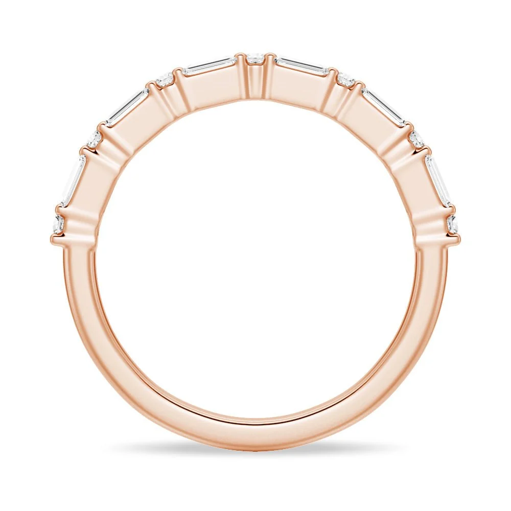 Full ring profile view of baguette and round moissanite wedding band in rose gold