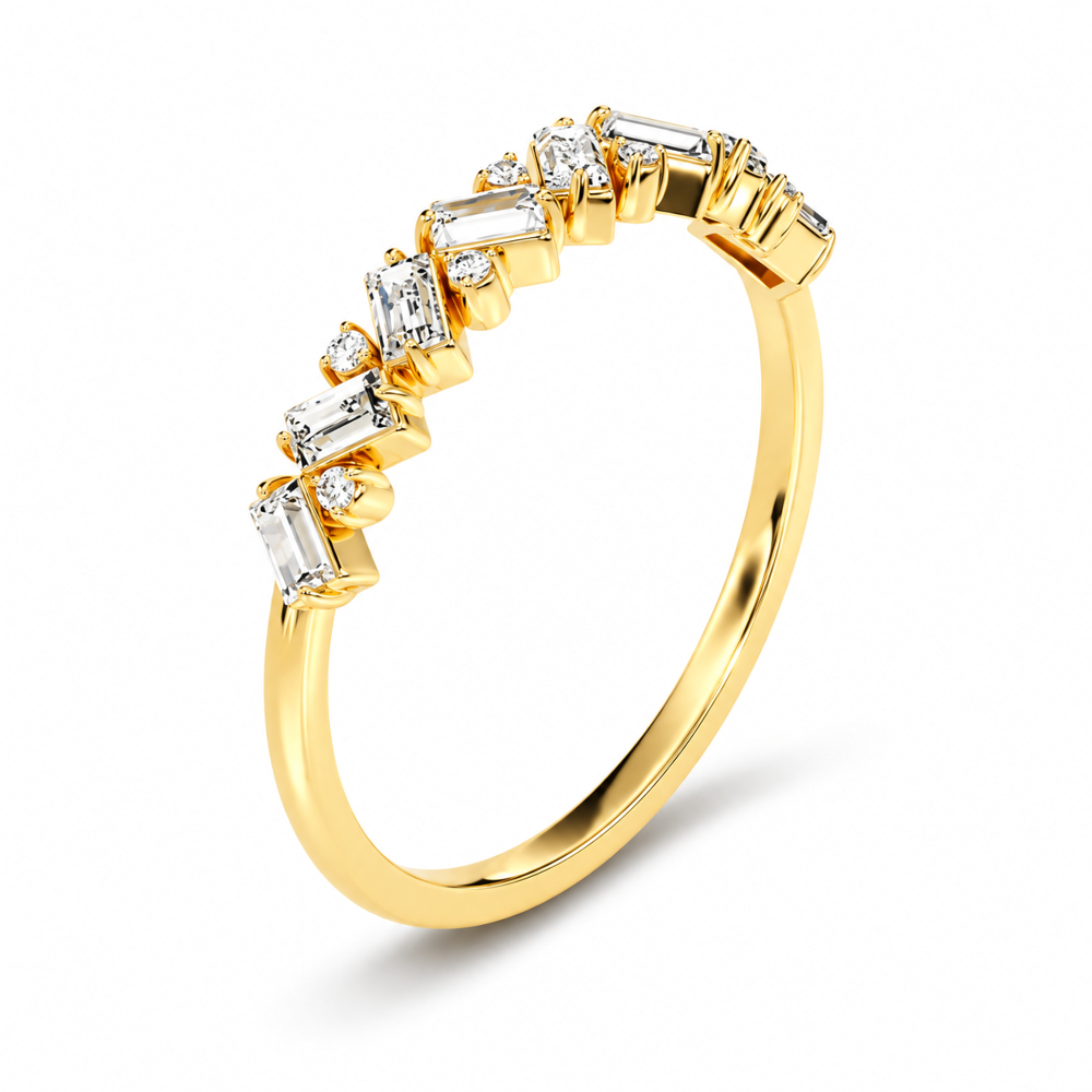 Three-quarter perspective view of alternating baguette and round moissanite band in yellow gold