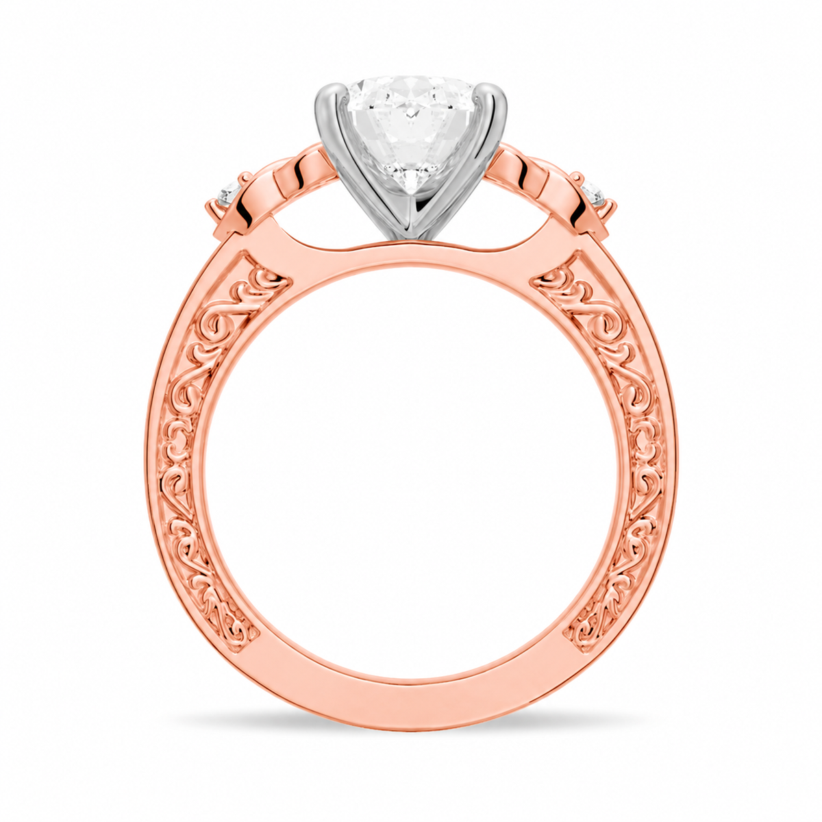 Rose gold celtic knot oval moissanite engagement ring top view featuring 2ct oval centerpiece