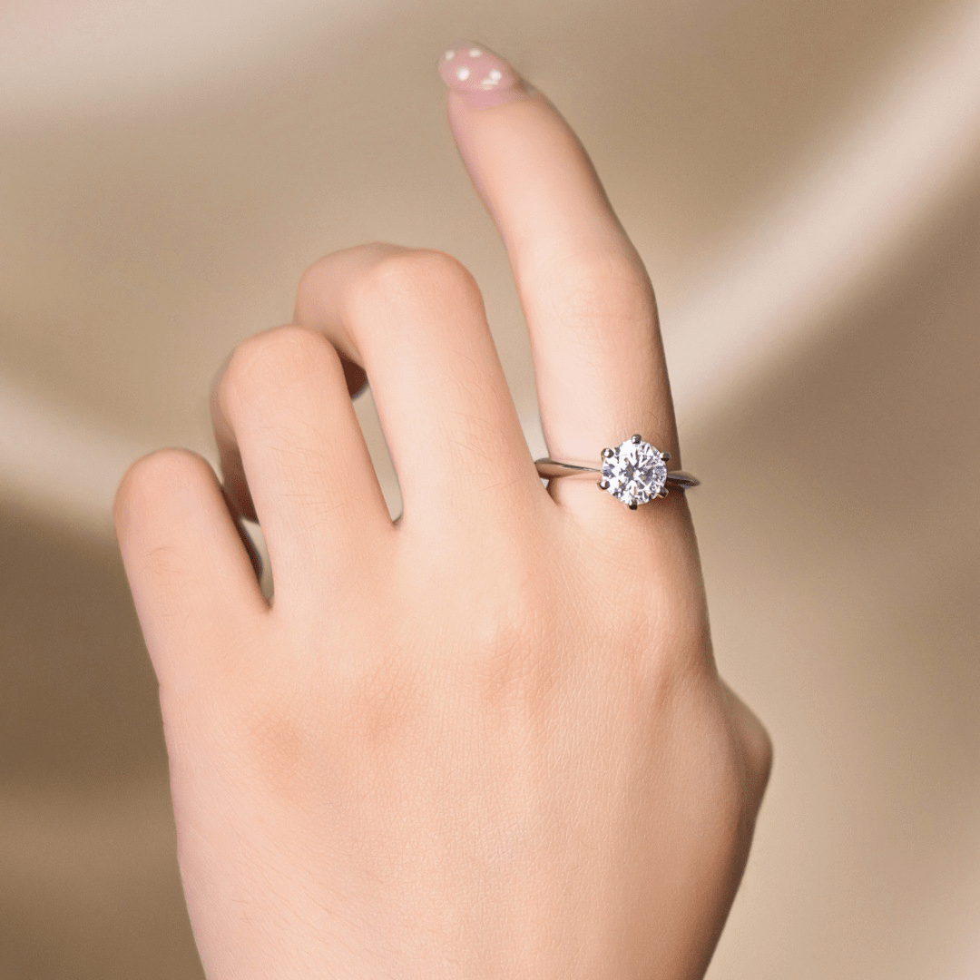 Classic 6 Prong Round Cut Moissanite Engagement Ring in White Gold on Hand Styling - Novelle Vow
