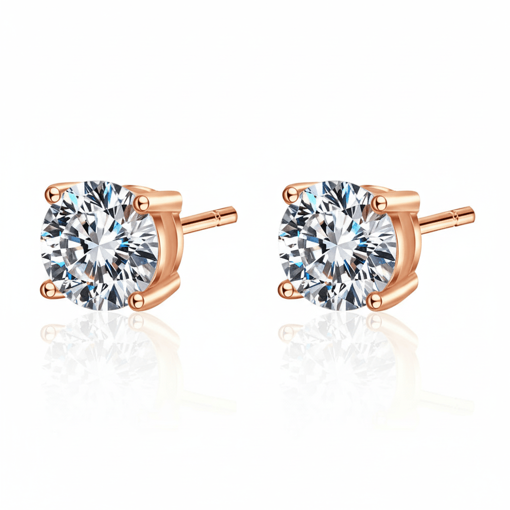 Side profile view of Classic Round Moissanite 4 Prong Stud Earrings in Rose Gold - Novelle Vow
