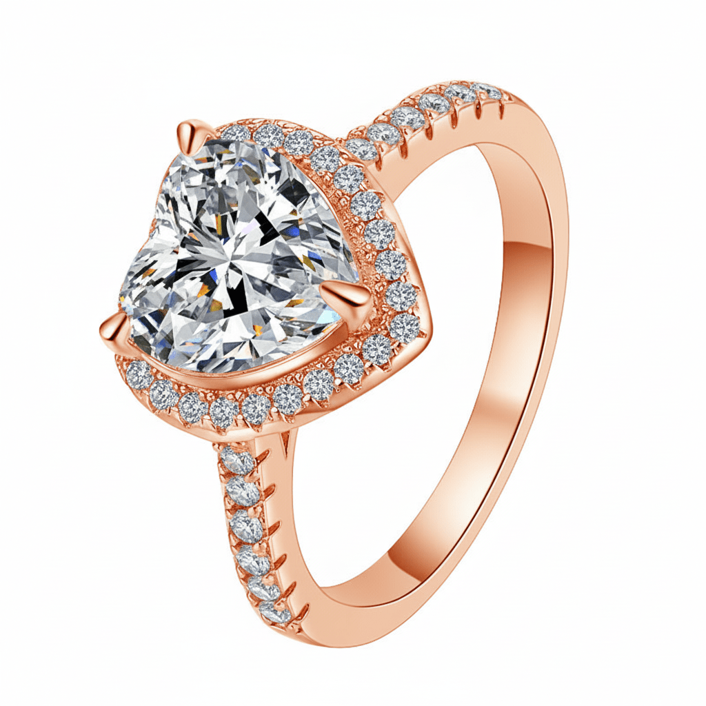 Angled profile view of Heart Shaped Moissanite Halo Engagement Ring with Pave Band in Rose Gold - Novelle Vow