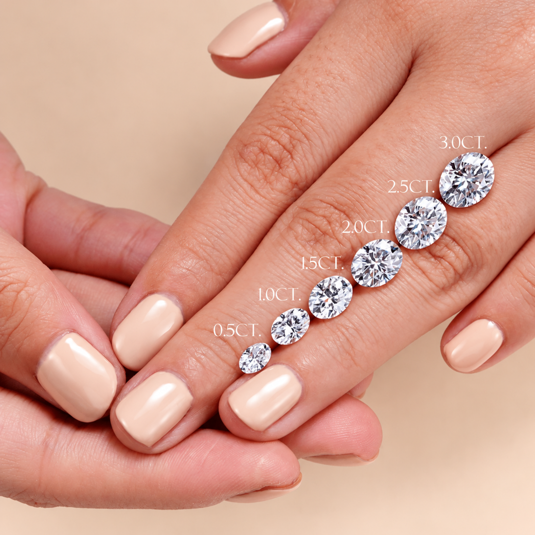 Oval moissanite carat size comparison on hand showing 0.5ct 1.0ct 1.5ct 2.0ct 2.5ct and 3.0ct options