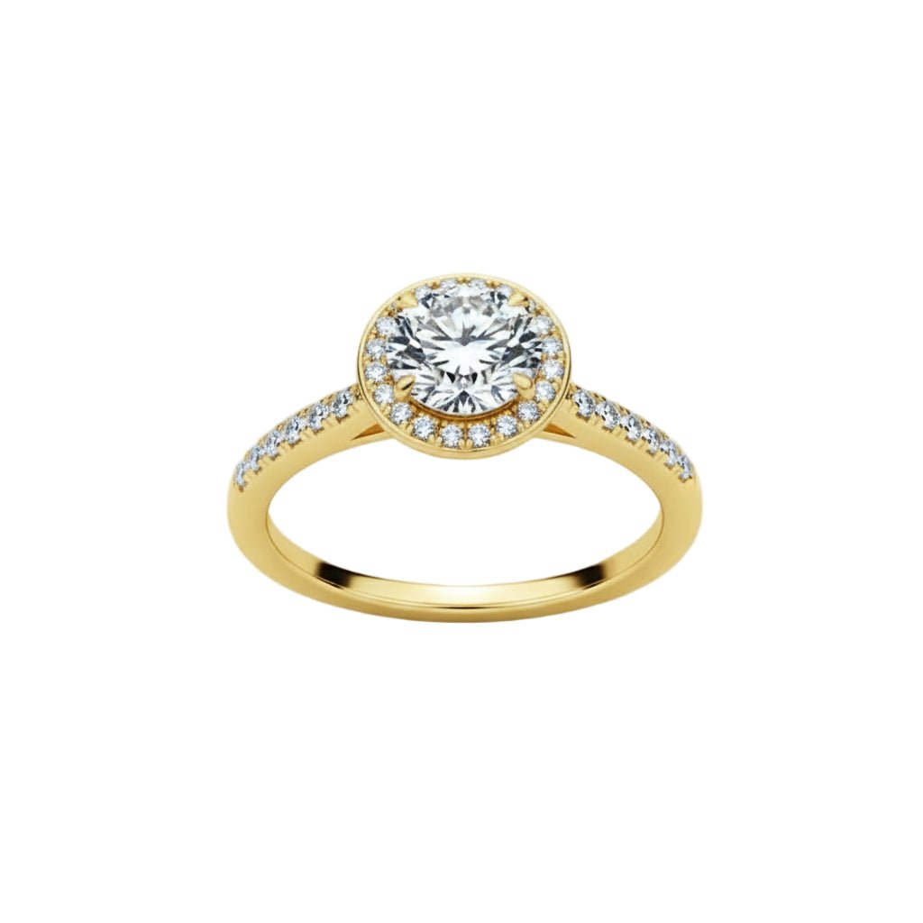Angled view of Radiant Round Cut Moissanite Halo Engagement Ring in Yellow Gold