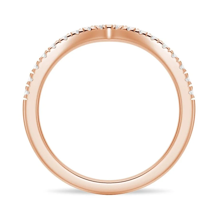 Side profile view showing round inner band and curved V contour setting in rose gold color