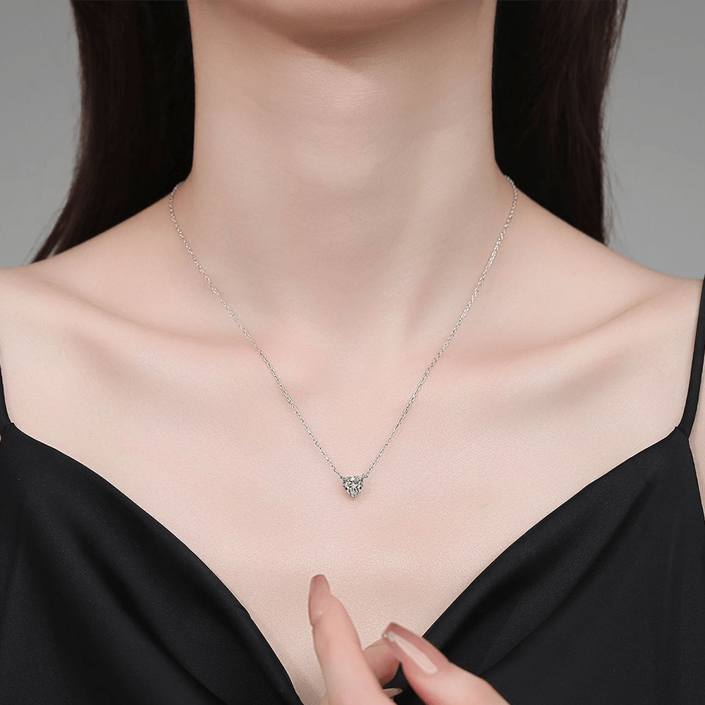 1 CT Heart Cut Moissanite Solitaire Pendant Necklace Worn on Model in Sterling Silver - Novelle Vow