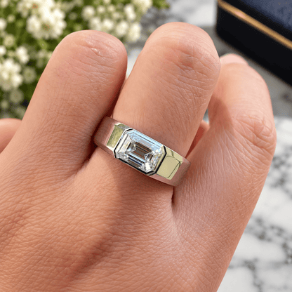 2ct East-West Emerald Cut Moissanite Bezel-Set Men's Engagement Ring - Novelle Vow
