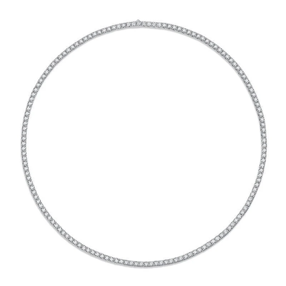 Full view of 3mm round moissanite tennis chain necklace laid in a smooth circle on white background