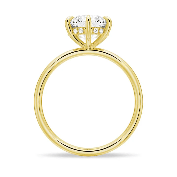 Profile view of 6 Prong Round Moissanite Engagement Ring with Hidden Halo detail in Yellow Gold