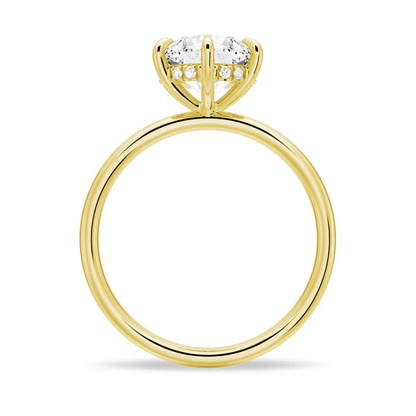 Profile view of 6 Prong Round Moissanite Engagement Ring with Hidden Halo detail in Yellow Gold