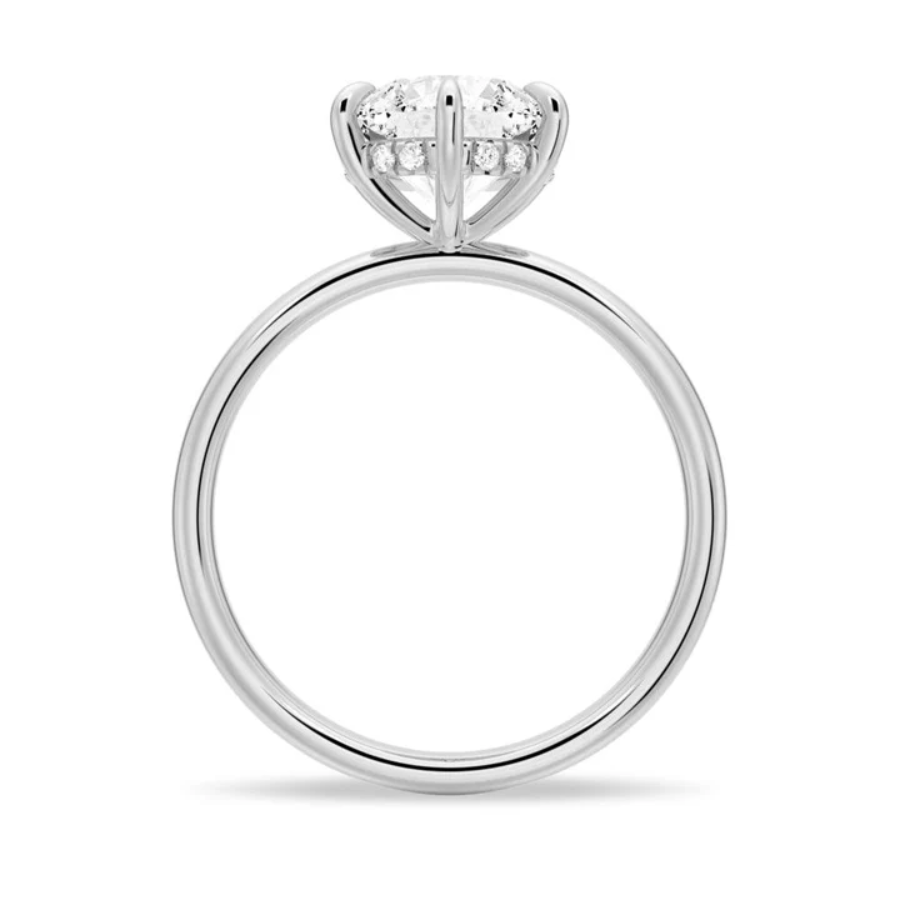 Profile view of 6 Prong Round Moissanite Engagement Ring with Hidden Halo detail in White Gold