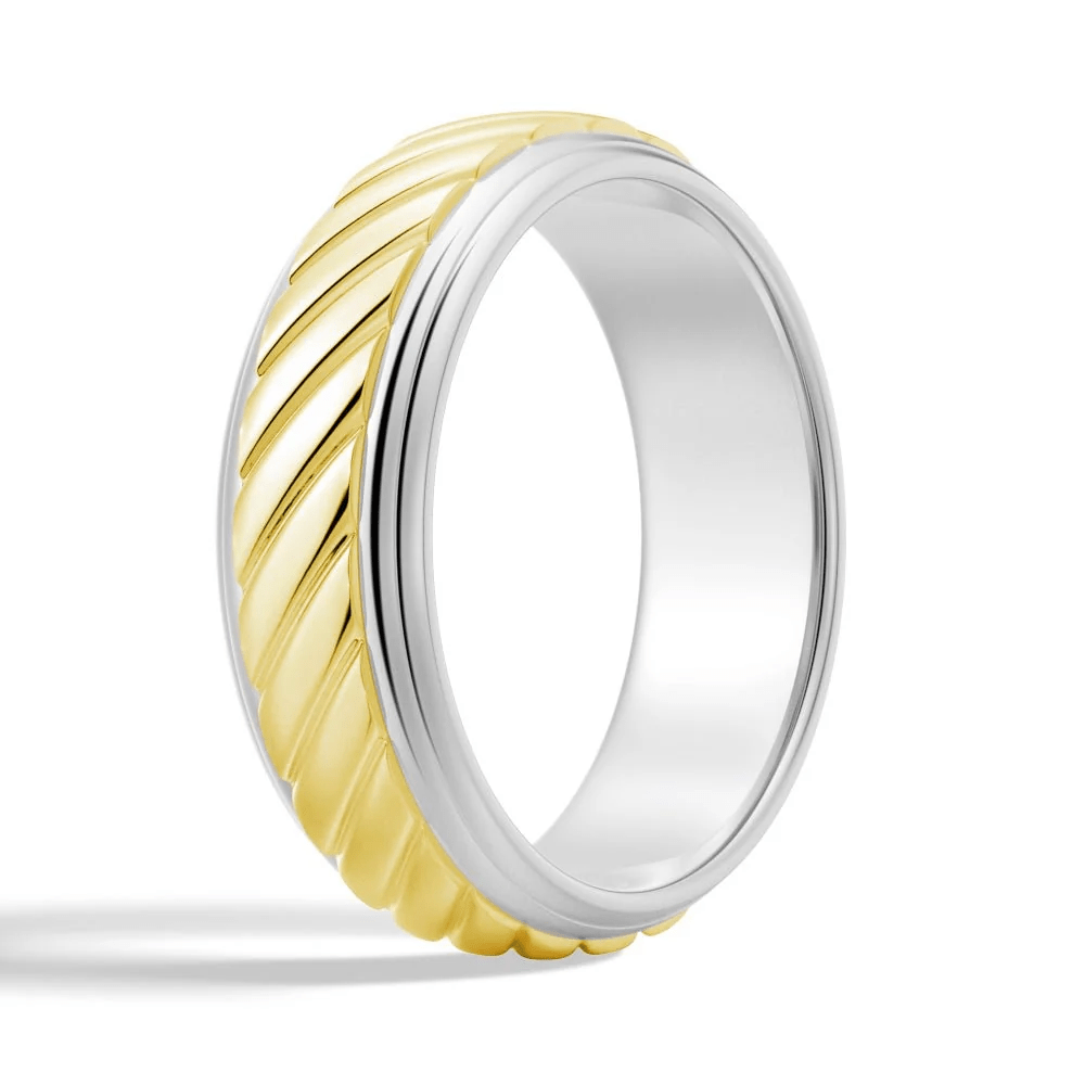 7mm Two-Tone Diagonal Carved Men's Wedding Band - Novelle Vow