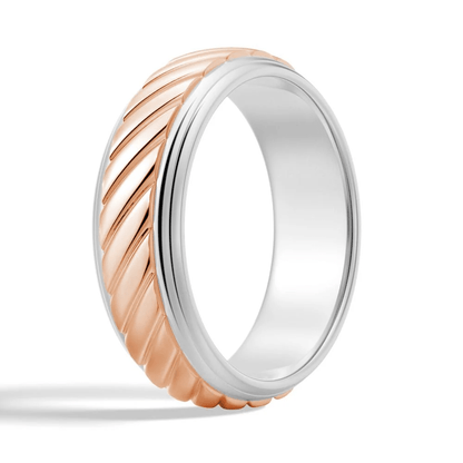 7mm Two-Tone Diagonal Carved Men's Wedding Band - Novelle Vow