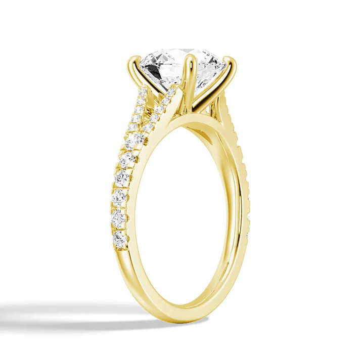 Angled profile view of The Vienna Round Cut Split Shank Moissanite Engagement Ring showing pave detail in Yellow Gold