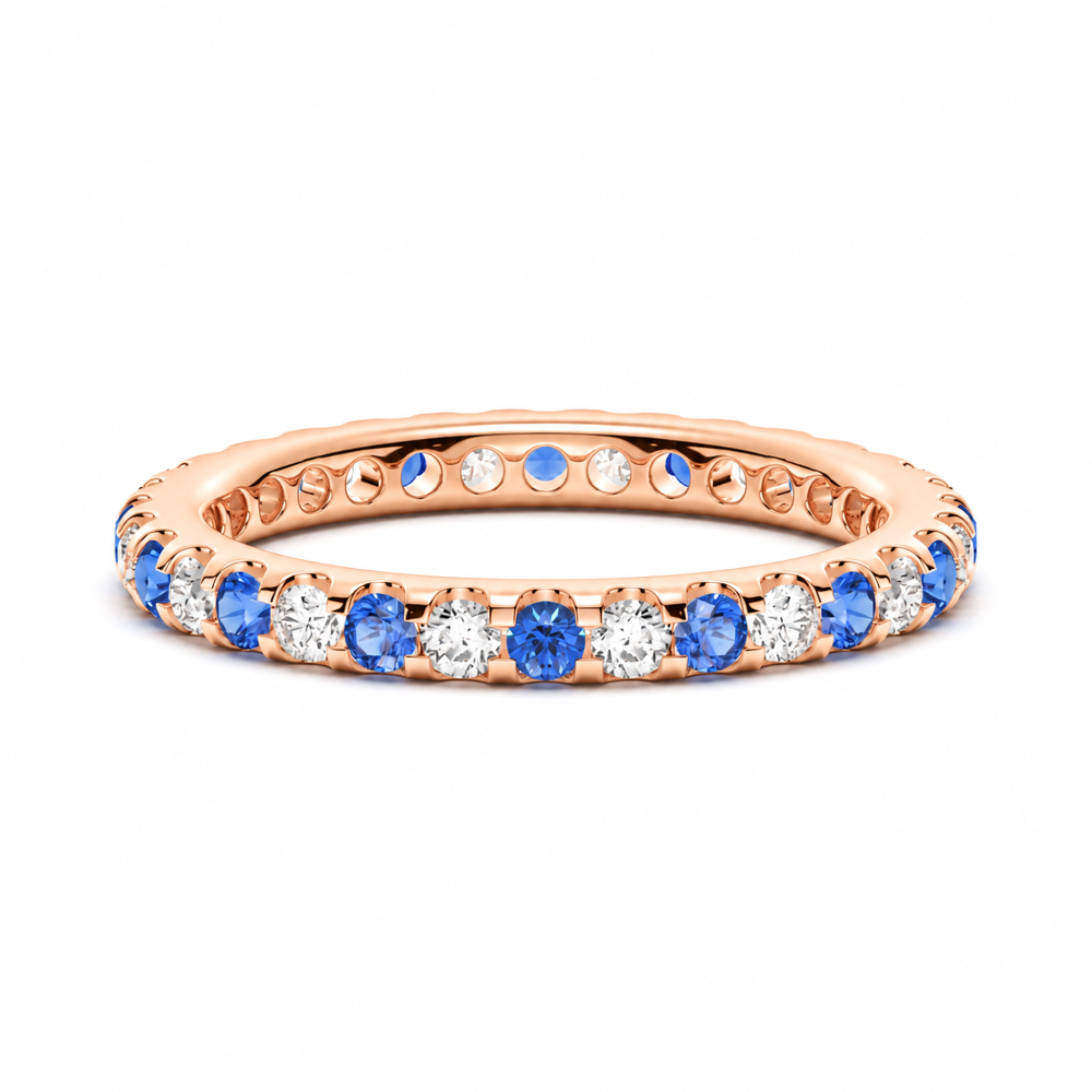 Front view of 2mm round blue and white sapphire alternating eternity ring in rose gold