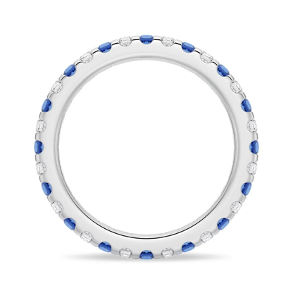 Direct front circular view of white gold alternating blue and white sapphire eternity ring