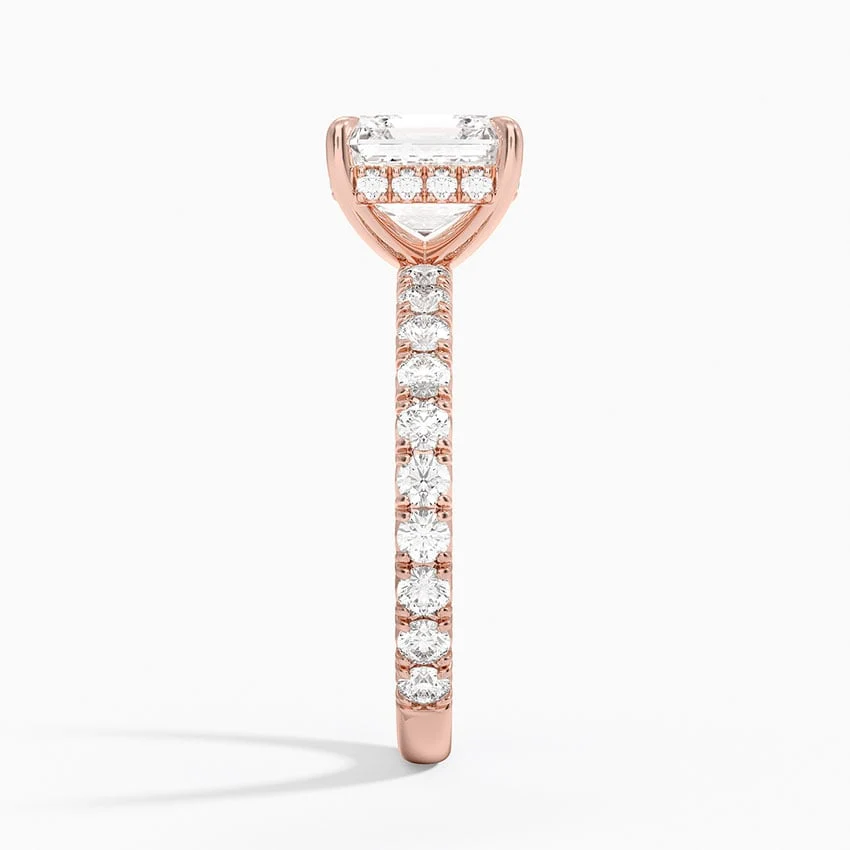 Rose gold asscher cut moissanite engagement ring direct side profile view showing hidden halo basket