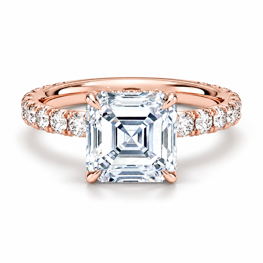 Rose gold asscher cut moissanite engagement ring top view with French pave diamond band
