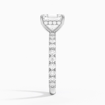 White gold asscher cut moissanite engagement ring direct side profile view showing hidden halo basket