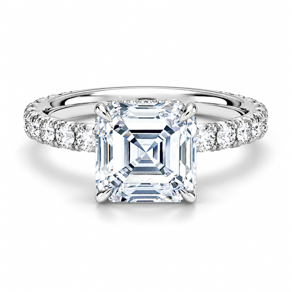 White gold asscher cut moissanite engagement ring top view with French pave diamond band-Novelle Vow