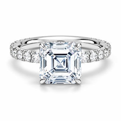 White gold asscher cut moissanite engagement ring top view with French pave diamond band-Novelle Vow