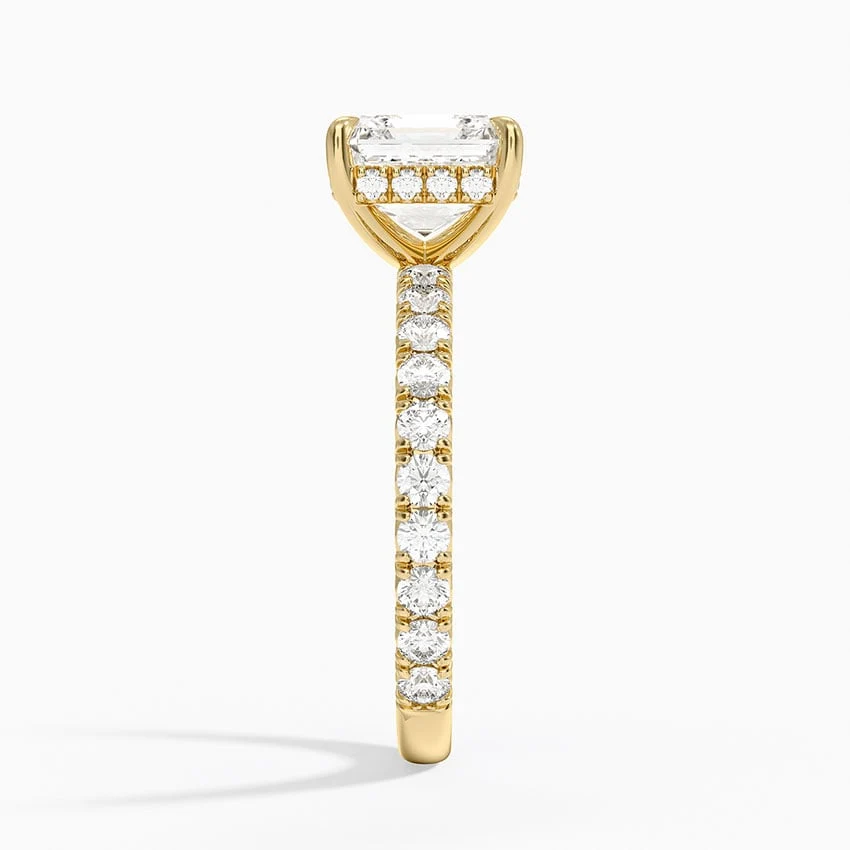 Yellow gold asscher cut moissanite engagement ring direct side profile view showing hidden halo basket