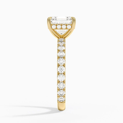 Yellow gold asscher cut moissanite engagement ring direct side profile view showing hidden halo basket