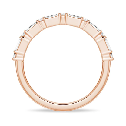 Full ring profile view of baguette and round moissanite wedding band in rose gold