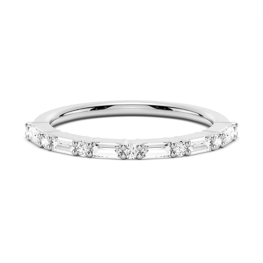 NOVELLE VOW front view of alternating baguette and round moissanite wedding band in white gold