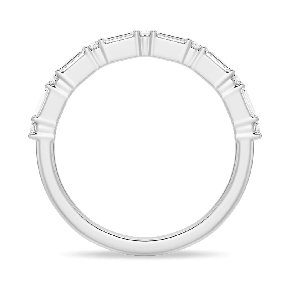 Full ring profile view of baguette and round moissanite wedding band in white gold