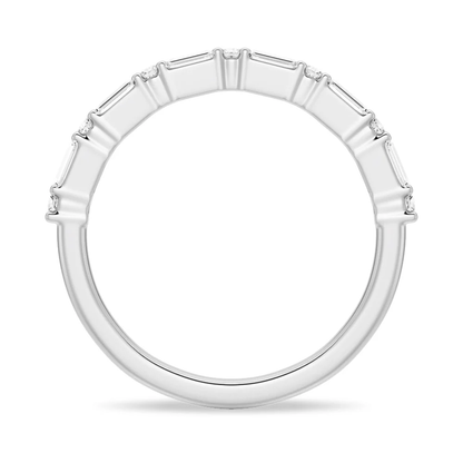 Full ring profile view of baguette and round moissanite wedding band in white gold