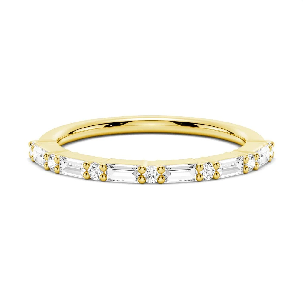 Front view of alternating baguette and round moissanite wedding band in yellow gold