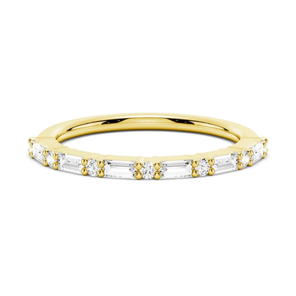 Front view of alternating baguette and round moissanite wedding band in yellow gold