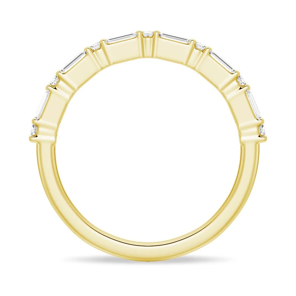 Full ring profile view of baguette and round moissanite wedding band in yellow gold