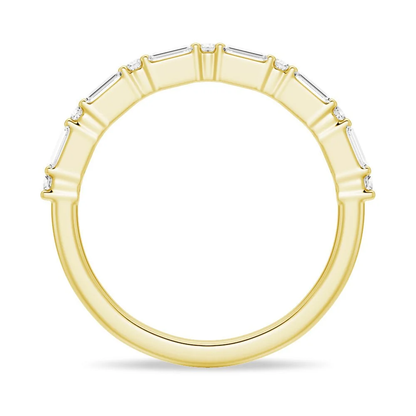 Full ring profile view of baguette and round moissanite wedding band in yellow gold