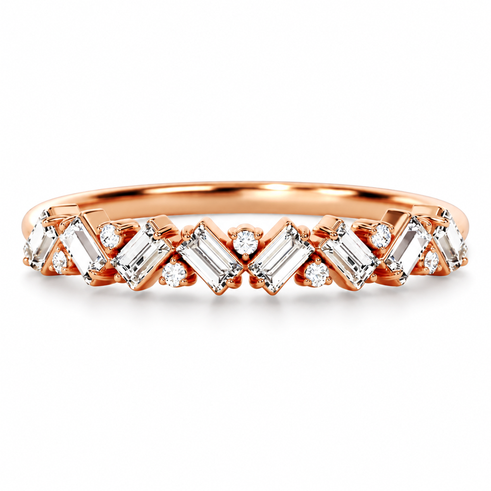 Front view of geometric baguette and round moissanite zig-zag wedding band in rose gold