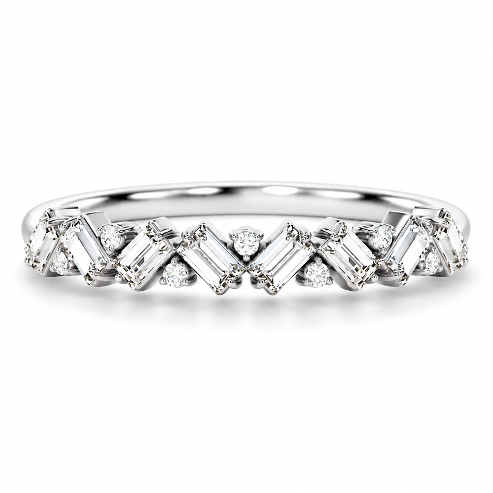 NOVELLE VOW front view of geometric baguette and round moissanite zig-zag wedding band in white gold