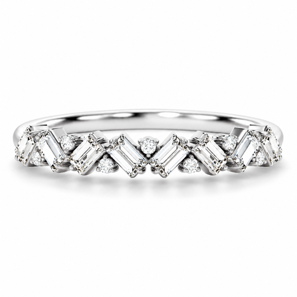 NOVELLE VOW front view of geometric baguette and round moissanite zig-zag wedding band in white gold