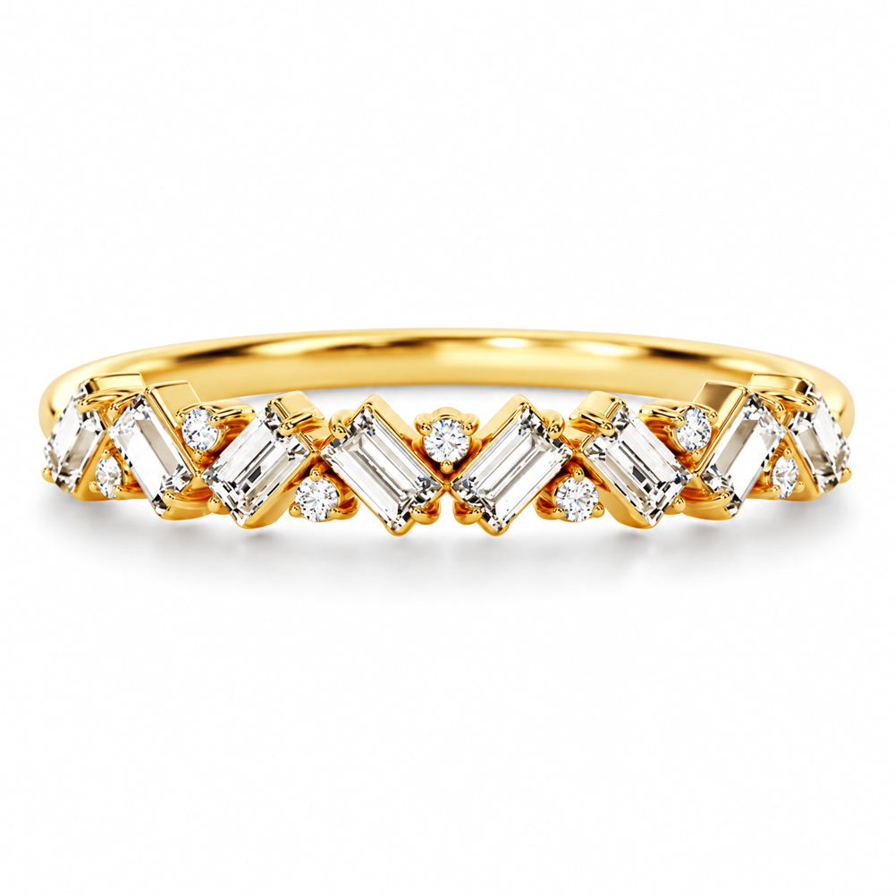 Front view of geometric baguette and round moissanite zig-zag wedding band in yellow gold