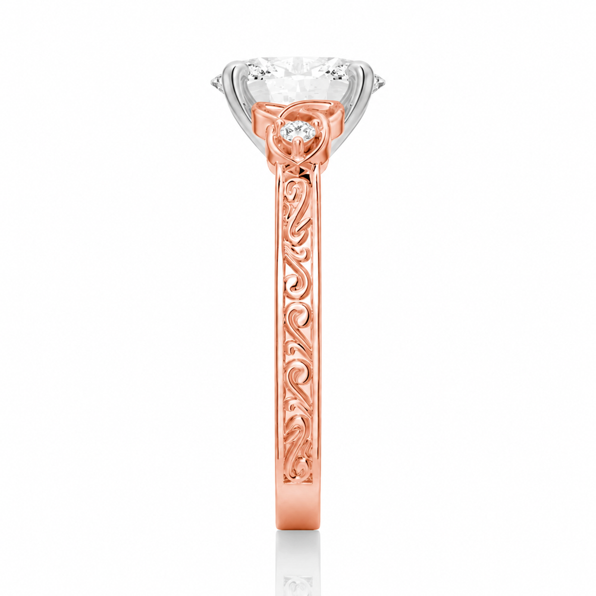 Rose gold celtic knot oval moissanite ring side view displaying vintage filigree scrollwork