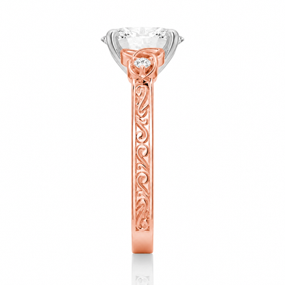 Rose gold celtic knot oval moissanite ring side view displaying vintage filigree scrollwork