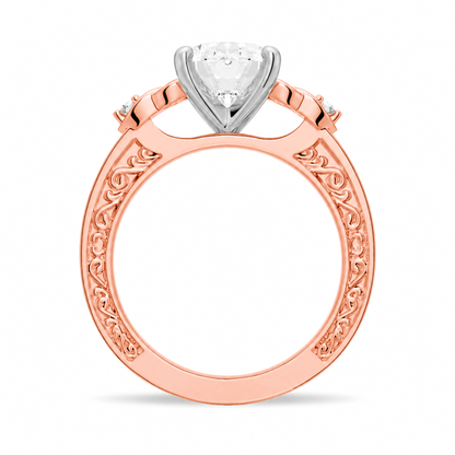 Rose gold celtic knot oval moissanite engagement ring top view featuring 2ct oval centerpiece