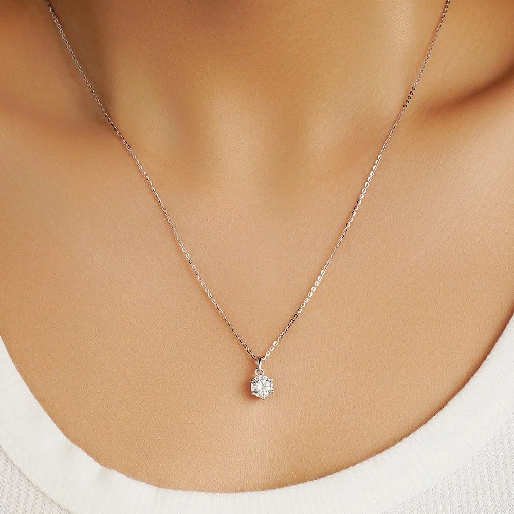 1ct round D colorless moissanite solitaire pendant necklace worn on model collarbone