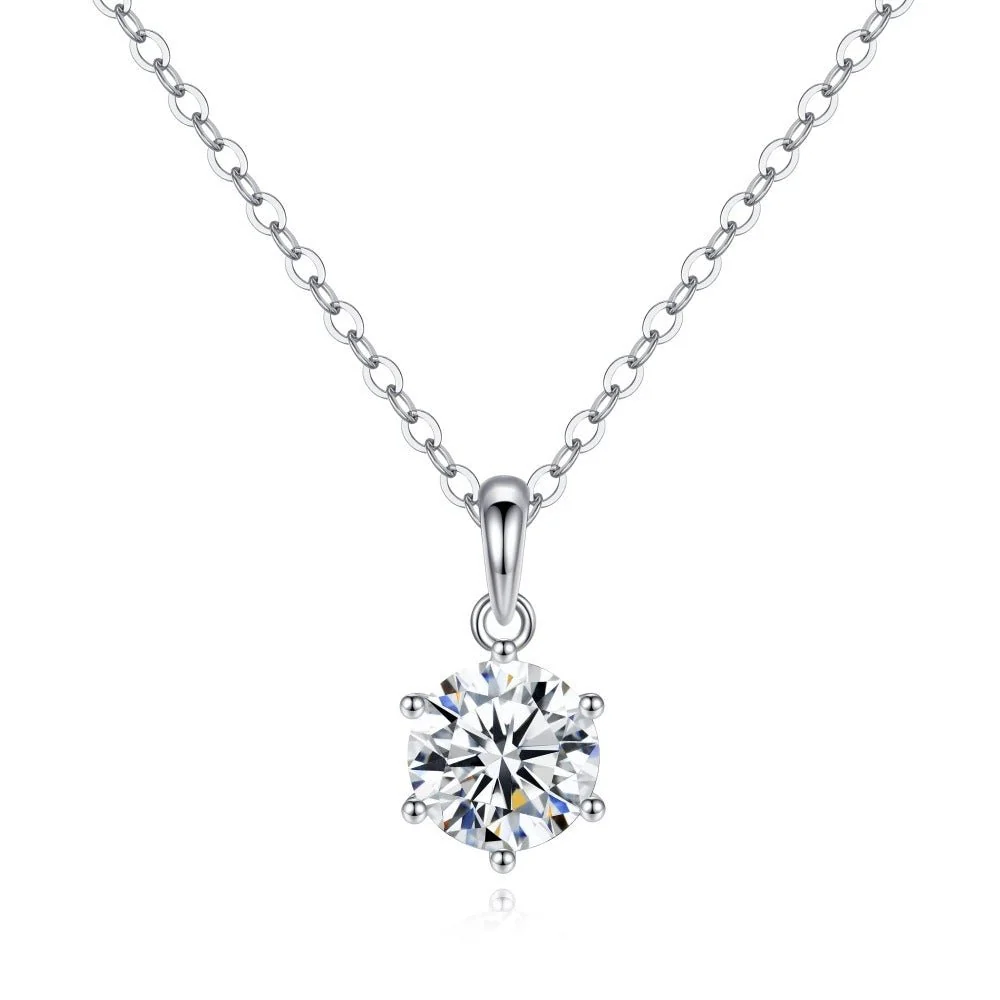 Classic 1ct round brilliant moissanite solitaire pendant necklace in 6-prong silver setting-Novelle Vow