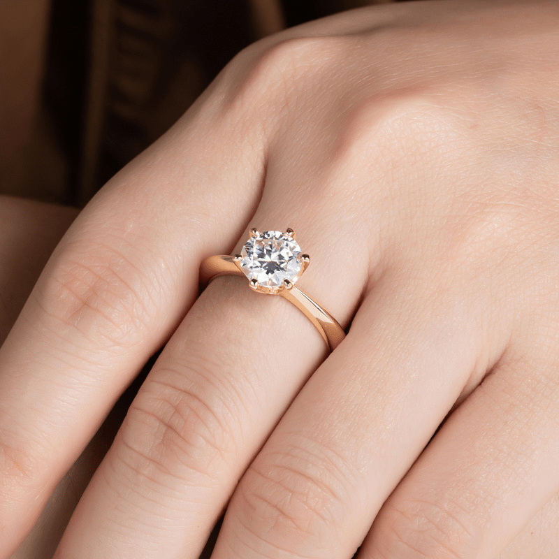 Classic 6 Prong Round Cut Moissanite Engagement Ring in Rose Gold on Hand Styling - Novelle Vow