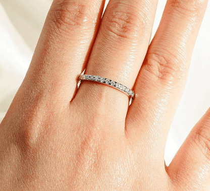 Classic French Pave Moissanite Wedding Band 2mm in White Gold on hand - Novelle Vow