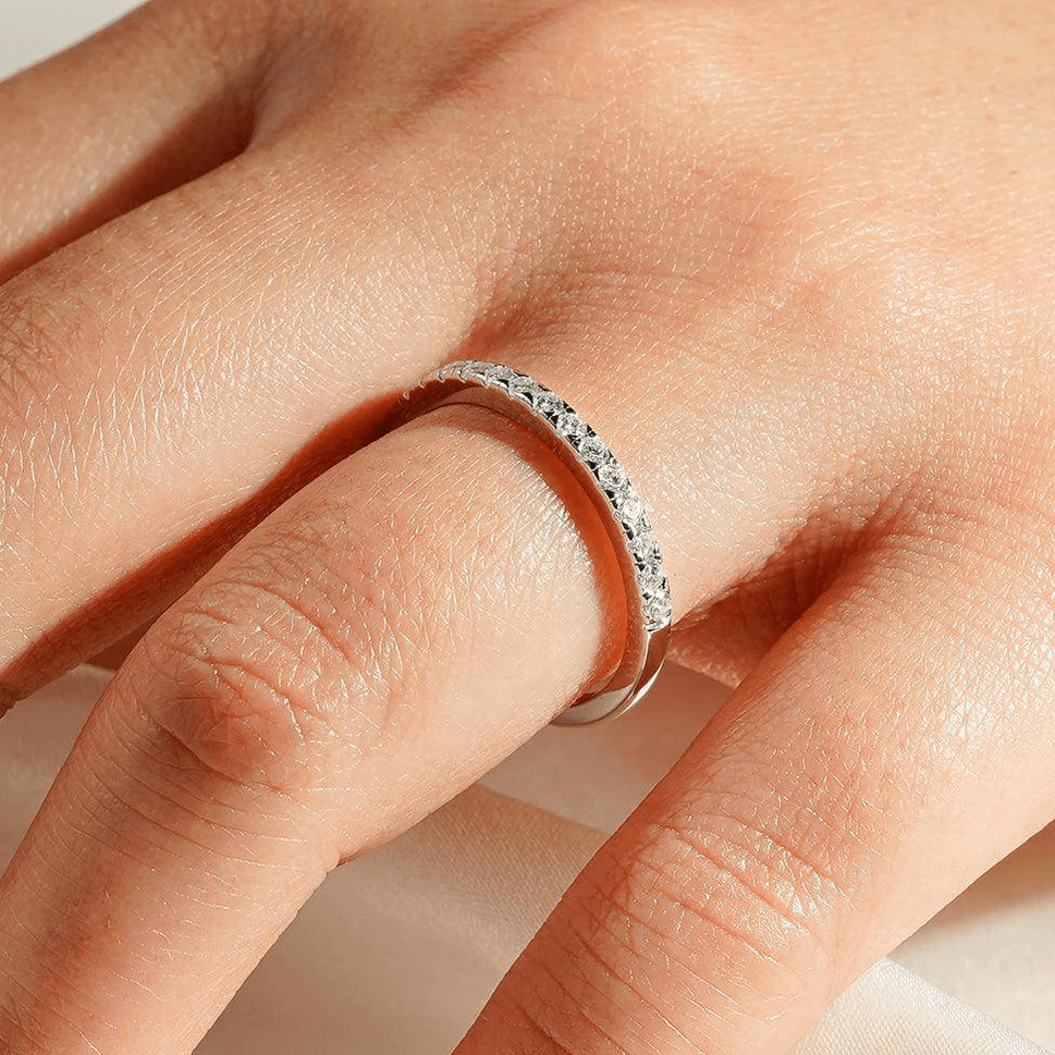 Classic French Pave Moissanite Wedding Band 2mm in White Gold on hand styling - Novelle Vow