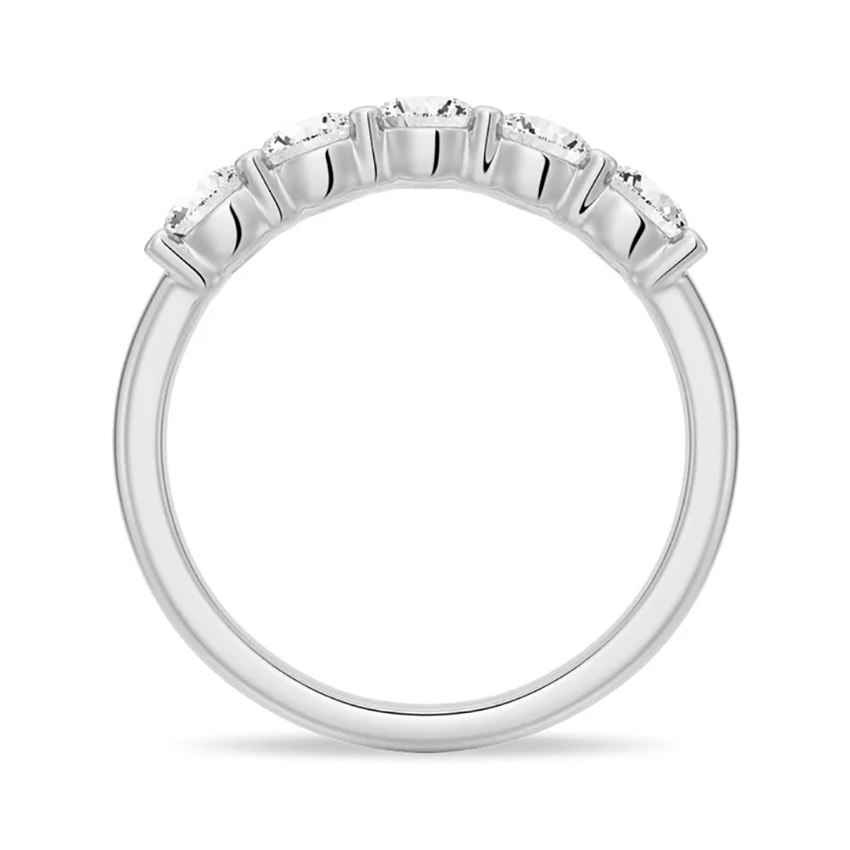 Profile view of Classic 5 Stone Round Moissanite Anniversary Wedding Band with Shared Prong Setting in White Gold 