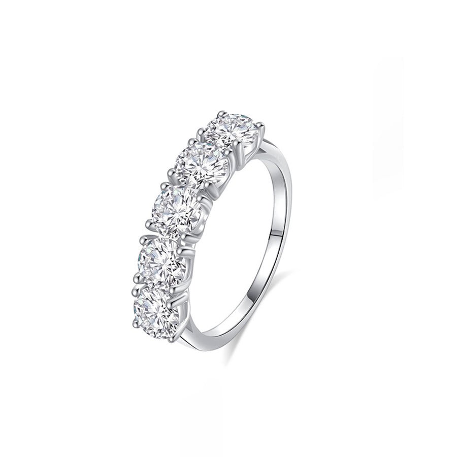 Angled profile view of Classic 5 Stone Round Moissanite Anniversary Wedding Band with Shared Prong Setting in White Gold